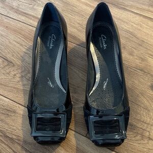 Clarks Black Patent Heels with Buckle Detail